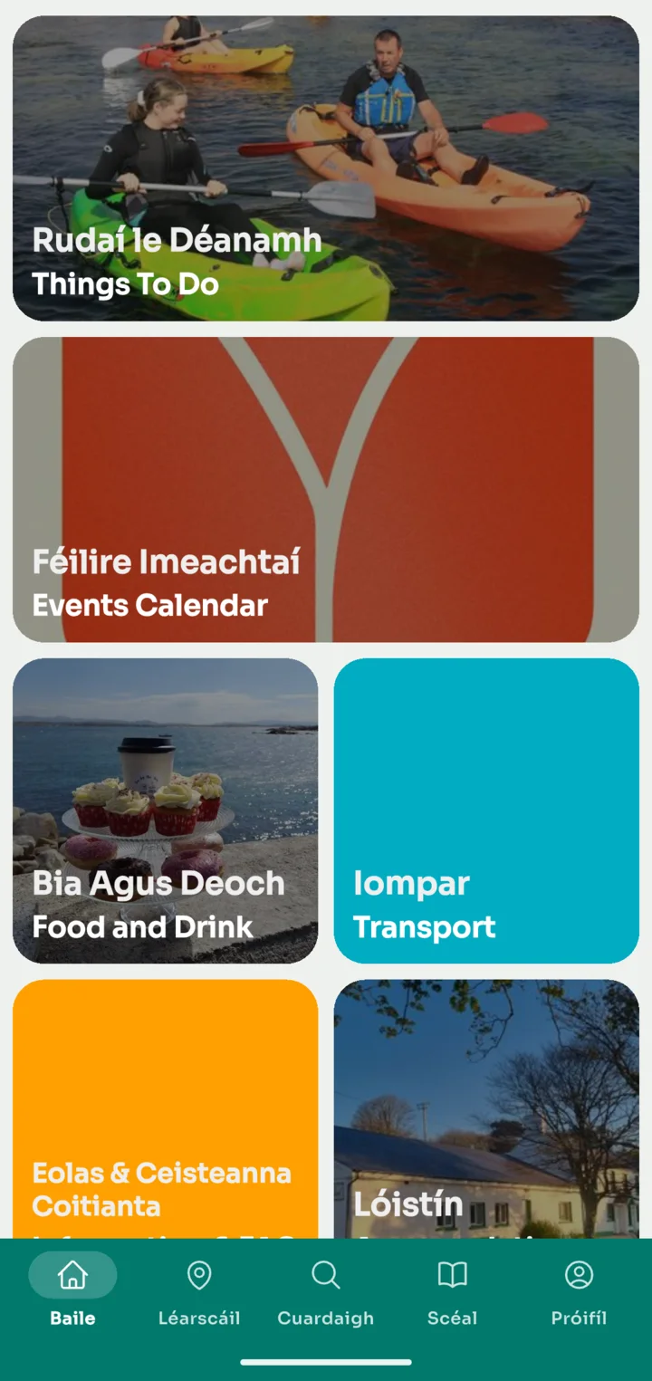 The app home screen in Irish
